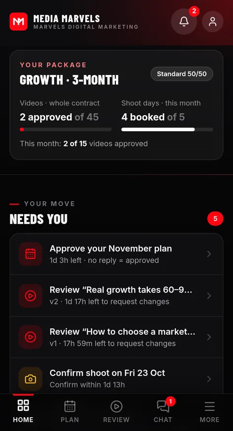 Client app home screen with package progress and items waiting for approval