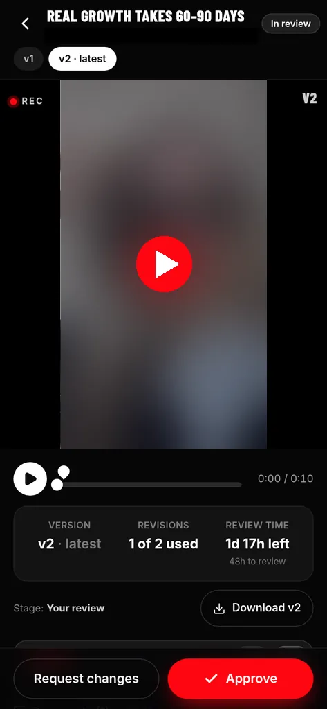 Client app video review screen with Approve and Request changes buttons